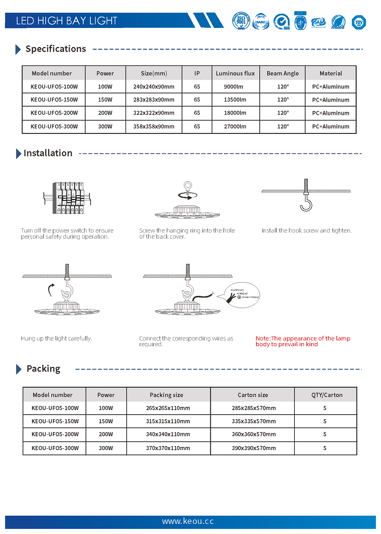 KEOU 100W 150W 200W 300W high bay led lamp