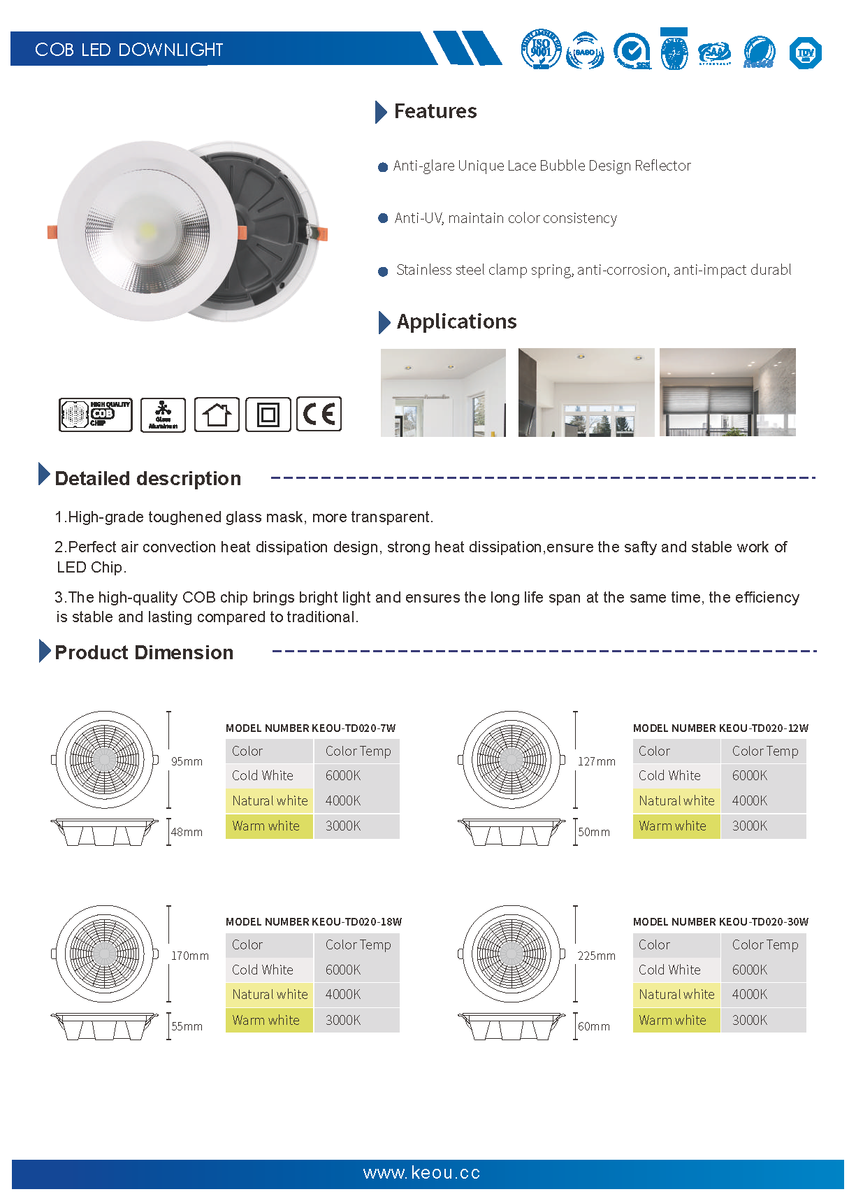 KEOU 7W 12W 18W 30W Downlight Cob Led