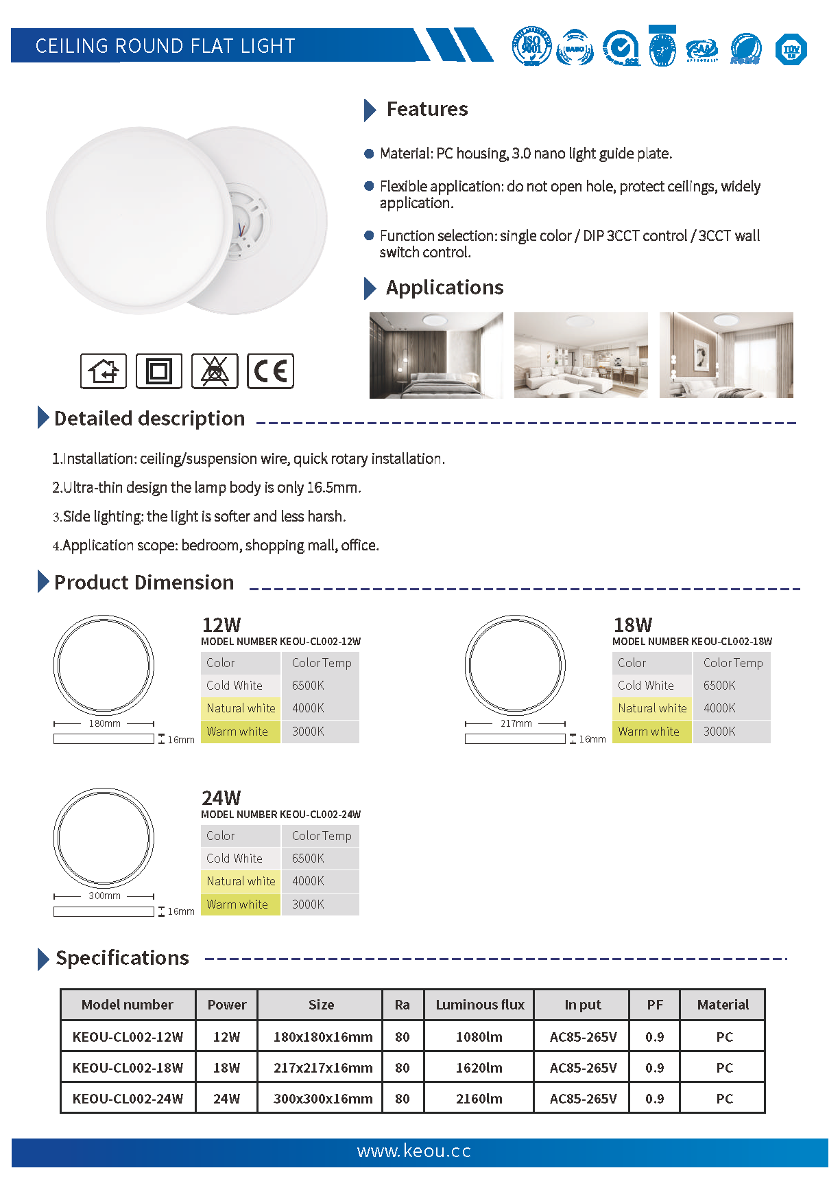 KEOU 3CCT Dimmable 12W 18W 24W Round led ceiling lights Specifications