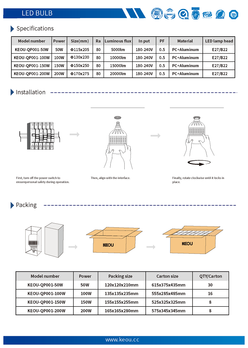 KEOU 50W 100W 150W 200W light bulbs